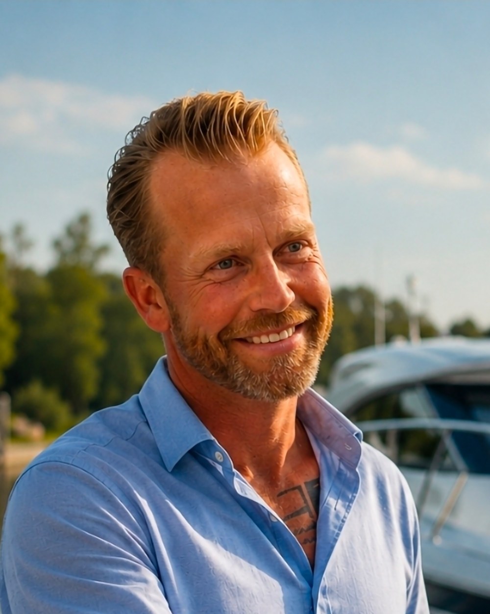 Vincent Lubach-Janssen bij een motorjacht